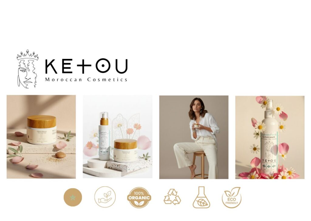 Gamme Ketou Moroccan Cosmetics — cosmétiques naturels et raffinés inspirés des rituels marocains. Produits présentés : gommage Éclat de Douceur, lait Pureté Lactée, et soins visage à base d’ingrédients biologiques. Fabrication artisanale, design épuré, engagement éco-responsable et 100 % local.